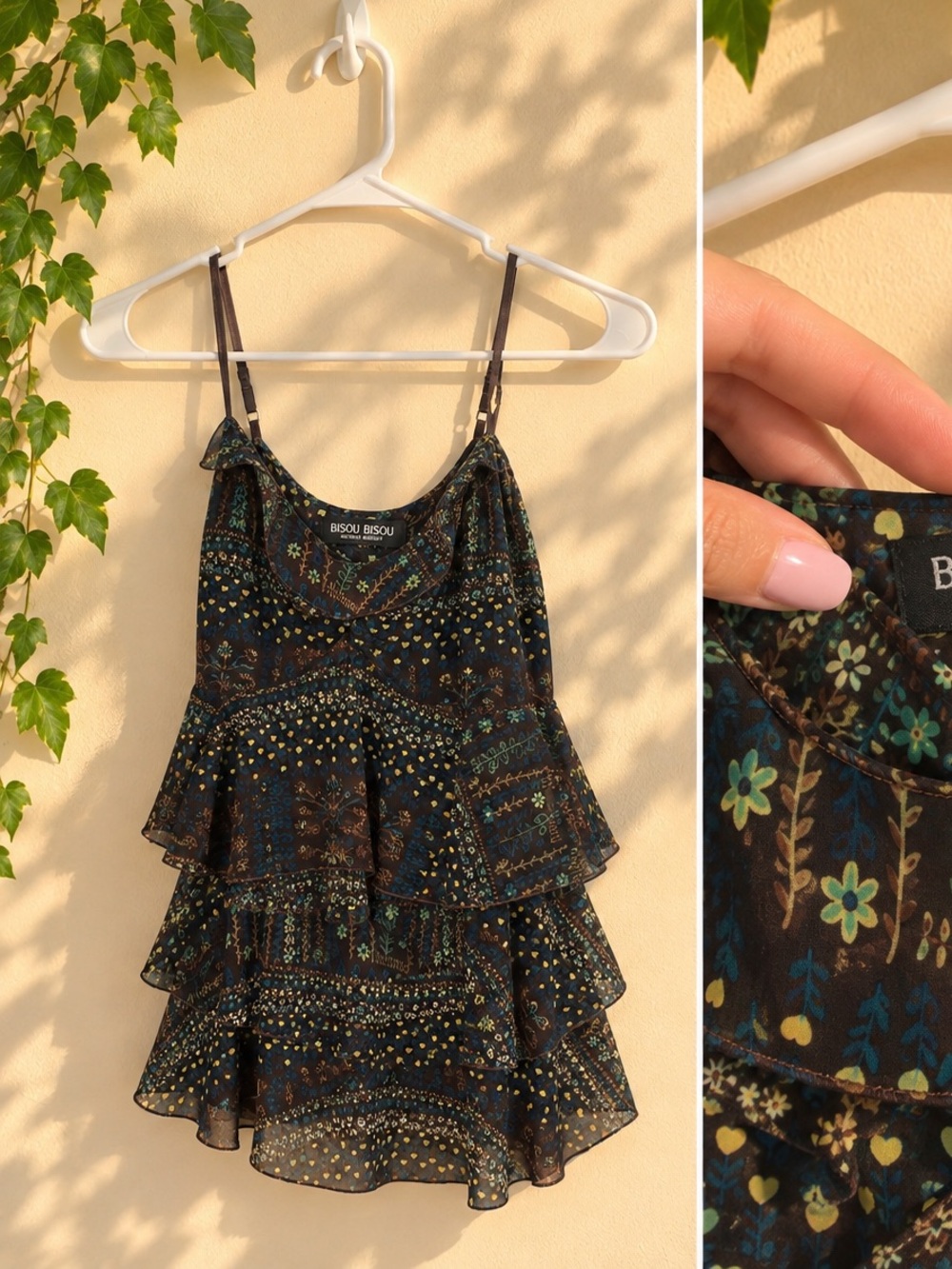BISOU BISOU Floral Ruffle Tiered flowy top in brown with Teal & Yellow